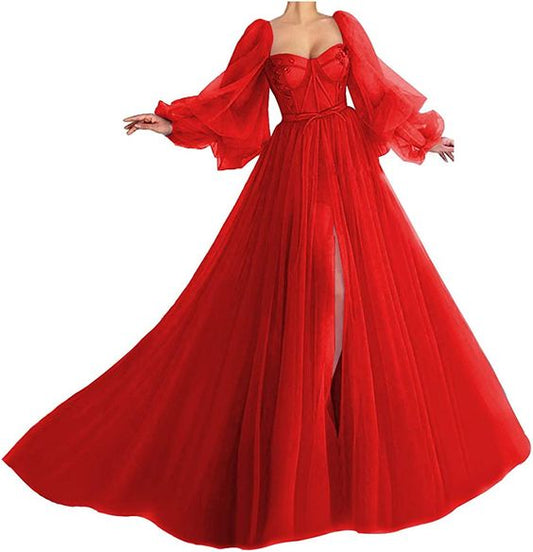 Puffy Sleeve Prom Dress Sweetheart Tulle Ball Gown Slit Formal Evening Gowns       fg4512