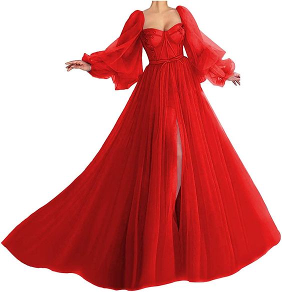 puffy sleeve prom dress long sweetheart tulle ball gown Puffy Sleeve Prom Dress Sweetheart Tulle Ball Gown Slit Formal Evening  Gowns fg4512