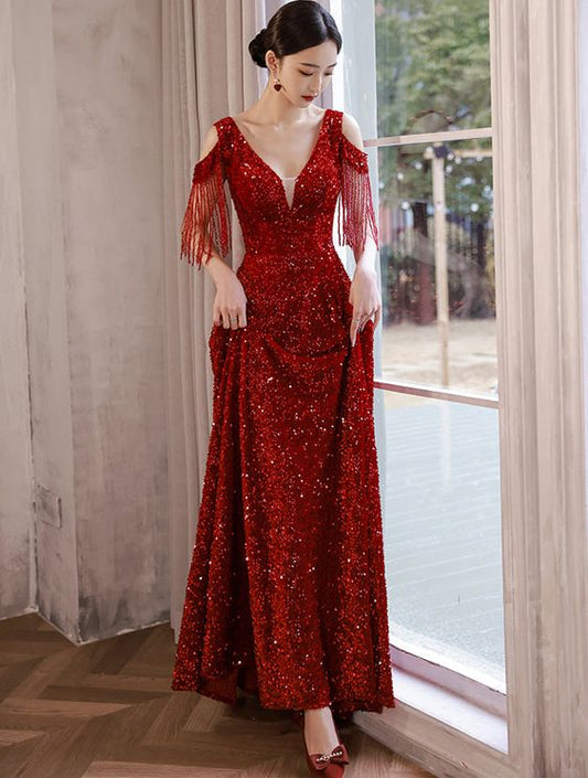 Wine Red Sequins Evening Ball Gown Banquet Party Long Dress      fg4426