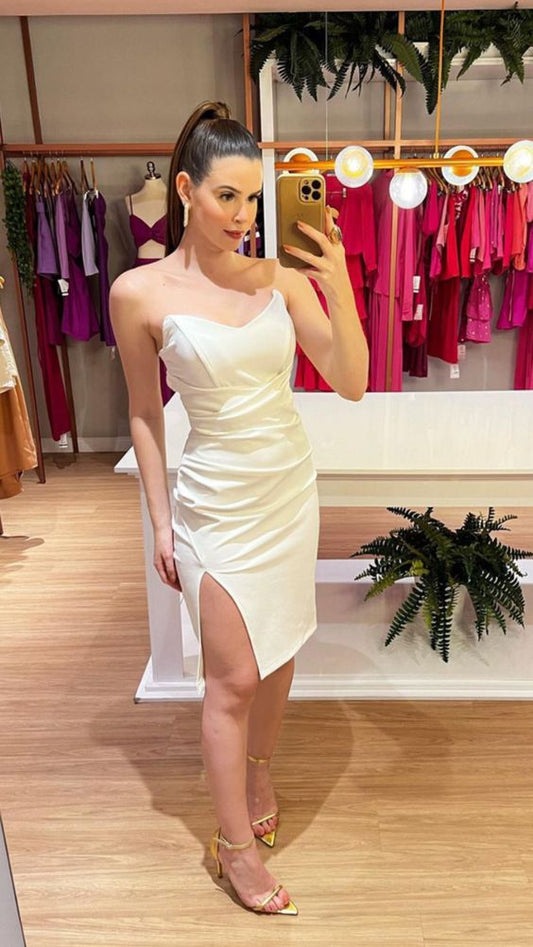White Strapless Party Dress With Leg Slit,White Homecoming Dress    fg4601