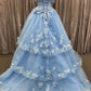Blue Tulle Sweetheart Multi-Layer Ball Gown with 3D Floral Lace Prom Gown     fg4649