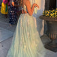 Green V-neck Lace Long Prom Dress, A-Line Evening Dress with Slit     fg4833