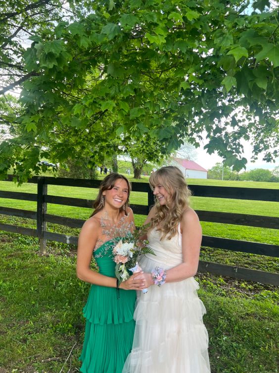 Green Strapless Ruffle Multi-Layer Long Prom Dress     fg4768