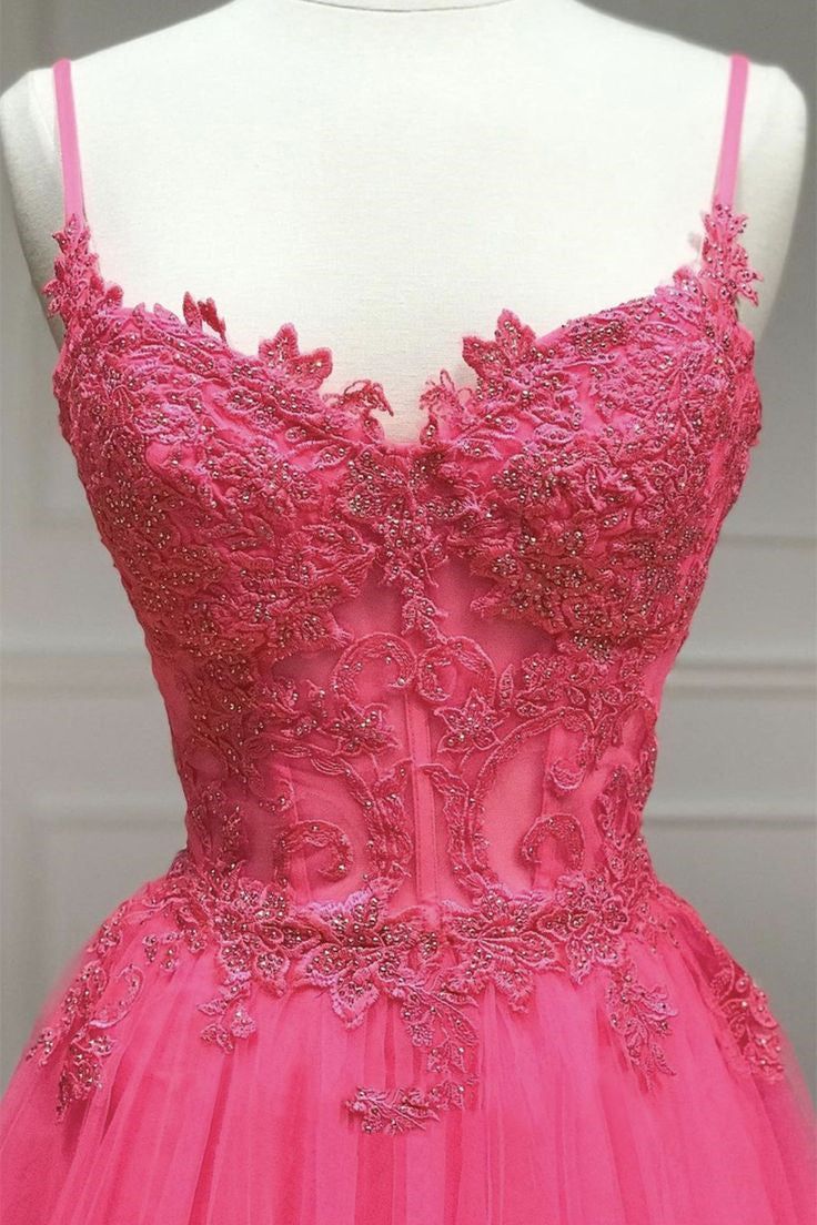 Hot Pink Floral Spaghetti Straps A-line Long Prom Dress       fg4804