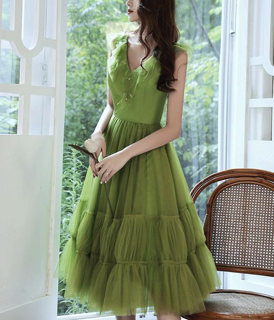Green V Neck Tulle Short Prom Dress Party Dress     fg4464