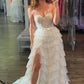 White Straps Floral Sequined Multi-Layers Long Prom Dress with Slit      fg4743