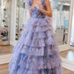 Print Flutter Sleeve Ruffle Tiered Long Prom Dress     fg4607
