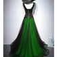 Chaming Black and Green Tulle V-neckline Long Party Dress, V-neckline Prom Dresses     fg5089