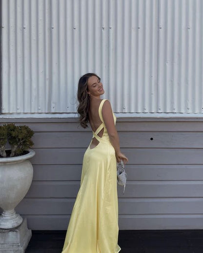Simple Straps Yellow Backless Long Prom Dress fg5318 formalgowns Simple Straps Yellow Backless Long Prom Dress fg5318 formalgowns