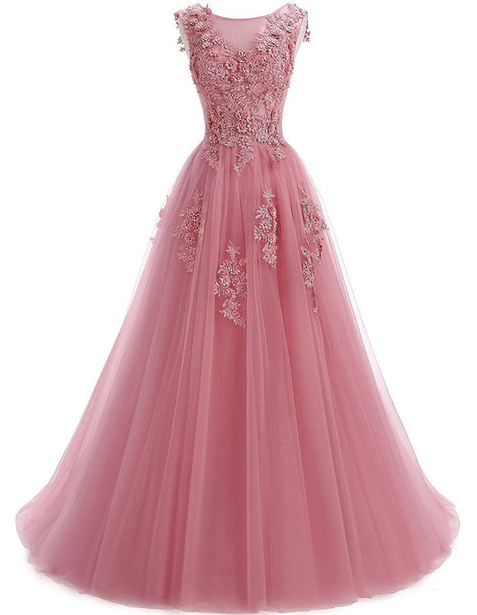 Floral Pink Tulle Long Prom Dress       fg4513