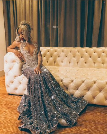 Silver Grey Diamond Mermaid Long Prom Dresses for Women Sparkly Crysta – formalgowns