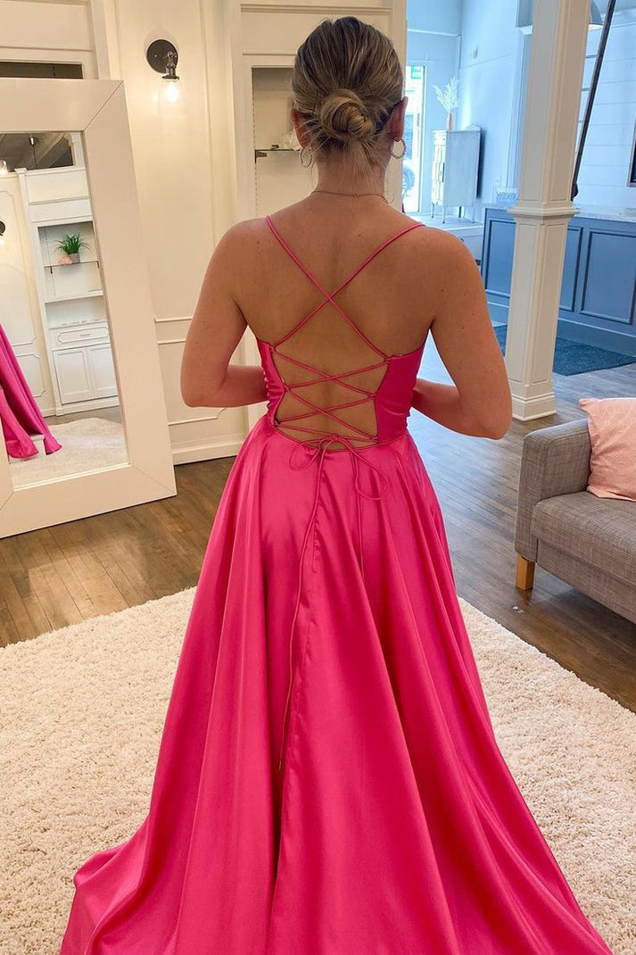 Sheath Spaghetti Straps Hot Pink Long Prom Dress with Slit cc1092