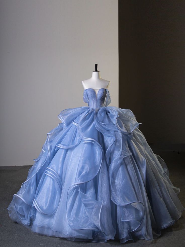 Fashion Sky Blue Ruffle Prom Dresses Ball Gown Sleeveless Prom Formal