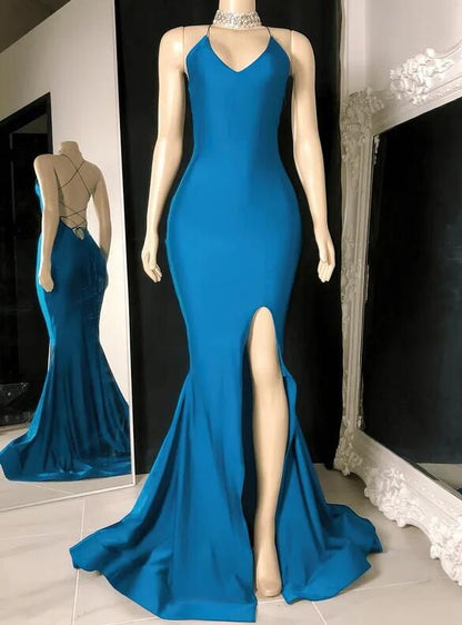 Sexy V-neck Blue Prom Dresses With Split     fg5127