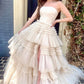 Champagne Strapless A-line Multi-Layers Tulle Long Prom Dress with Slit      fg4602