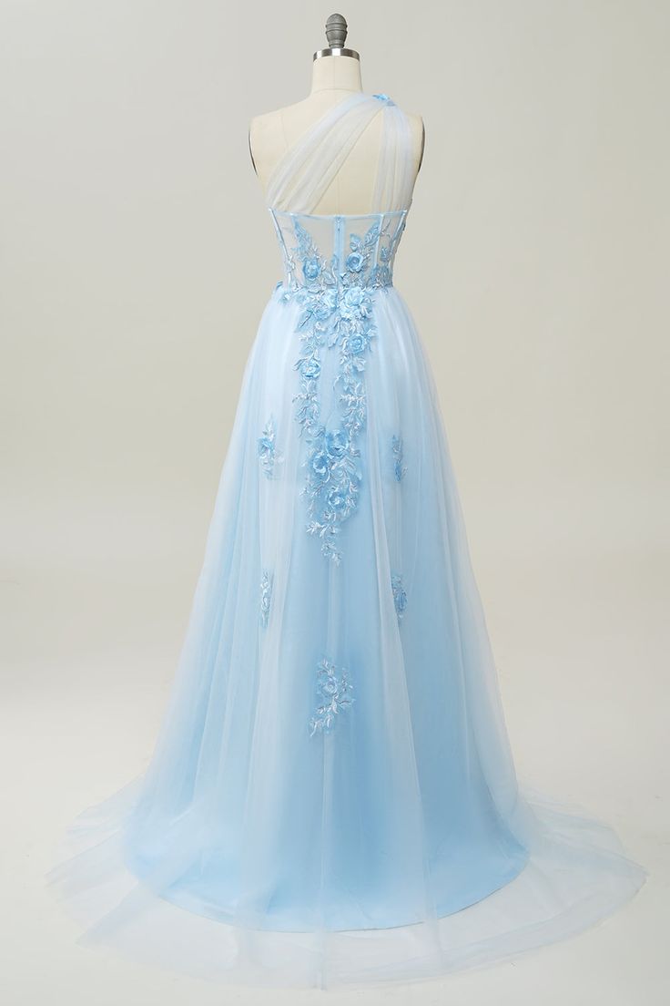 A Line One Shoulder Sky Blue Long Prom Dress with Appliques        fg4713