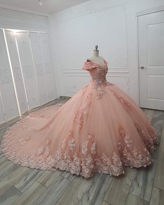Pink Floral Appliques Lace Ball Gown Quinceanera Dresses Off The Shoulder 3D Flowers Beading Corset Sweet 15 Girls Party Dress    fg4528