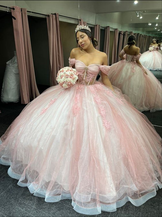 Pink Quinceanera Dress with Beaded Lace Applique Sweet 16 Dress Ball Gowns      fg5245
