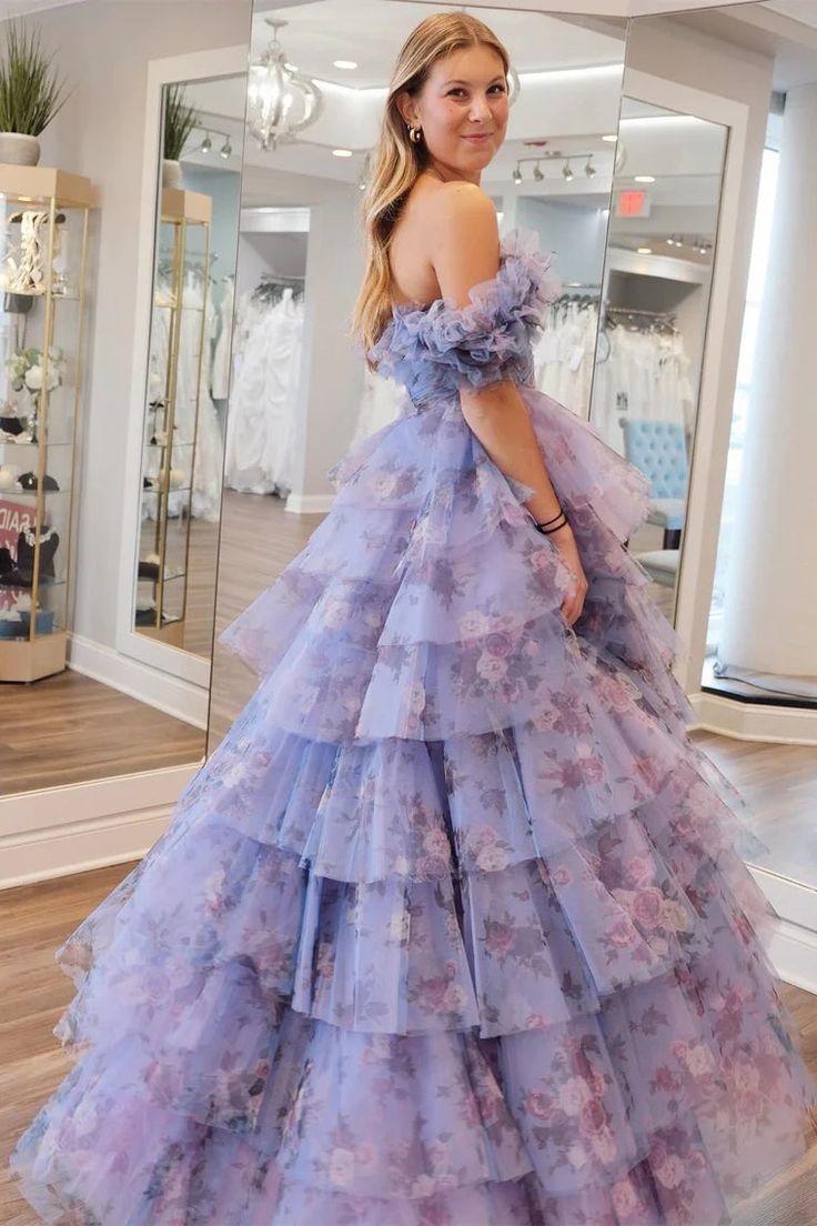 Print Flutter Sleeve Ruffle Tiered Long Prom Dress     fg4607