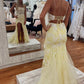 Yellow Floral Lace Backless Mermaid Long Prom Gown with Slit     fg4829