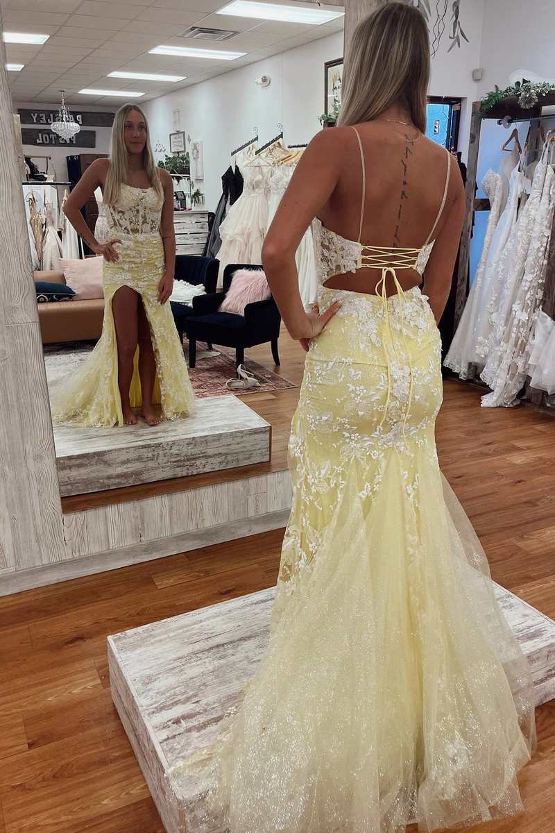 Yellow Floral Lace Backless Mermaid Long Prom Gown with Slit     fg4829