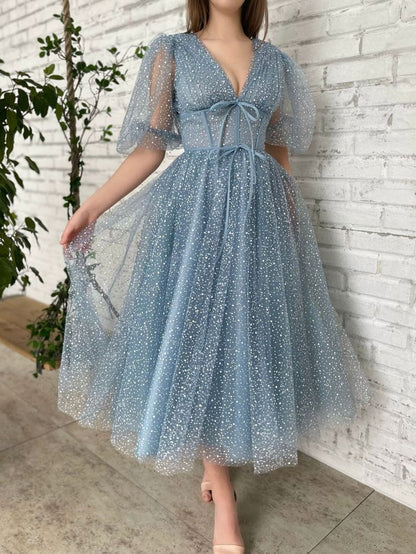 A line Tea Length Gray Blue Prom Dress, Gray Blue Formal Wedding Party – formalgowns