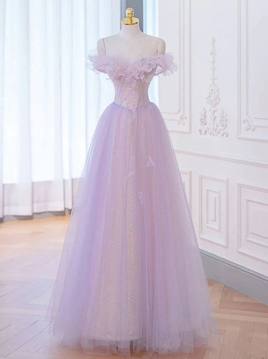 A-Line Purple Off Shoulder Long Prom Dress, Purple Formal Evening Dresses     fg5248