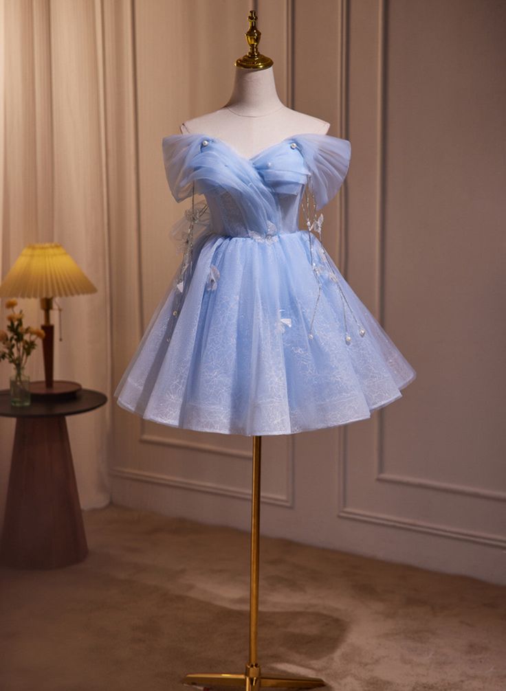 A-line Blue Short Off Shoulder Knee Length Homecoming Dress, Blue Shor