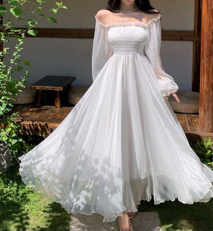 formal women's white goddess off the shoulder dress for roleplay Elegant Audra Gown in ideal as a bridal or reception gown Lady Black Tie - Audra