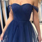 Elegant Long Navy Blue Off-the-shoulder A-line Sleeveless Prom Dresses      fg4312