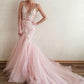 Sheer V-neckline Pink Mermaid Wedding Dress with Tulle Train     fg4090