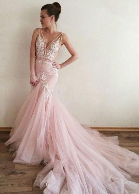 Sheer V-neckline Pink Mermaid Wedding Dress with Tulle Train     fg4090