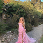 Charming Pink Strapless High Slit Flower Prom Dress       fg4142