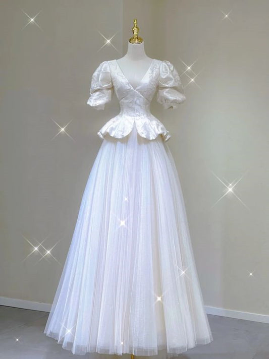 White Satin V Neck Short Sleeve Long Prom Dress    fg3842