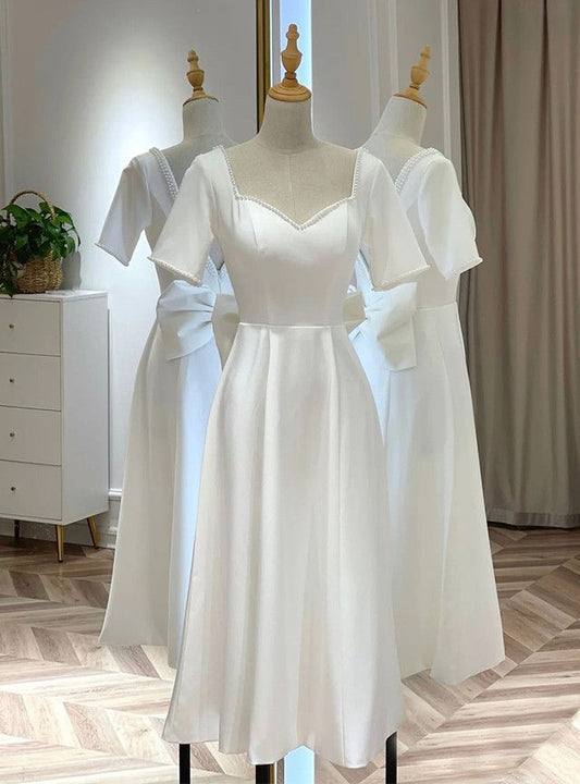 White Satin Short Sleeve Short Wedding Dress      fg4074