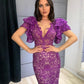 Elegant Purple Deep V-Neck Lace Evening Dresses Tea Length Prom Gowns      fg4283