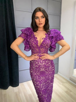 Elegant Purple Deep V-Neck Lace Evening Dresses Tea Length Prom Gowns ...
