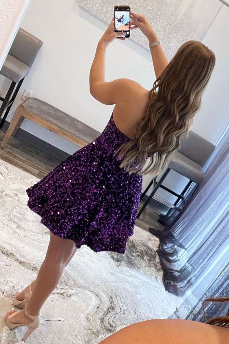 Purple Sequin Sweetheart A-Line Short Homecoming Dress with Pockets       fg3614