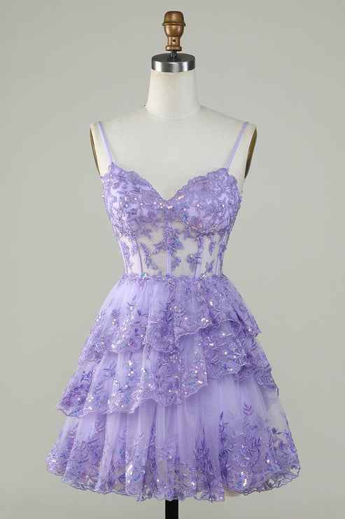 Sweetheart Corset-Back Lantern Sleeve Dress Lavender