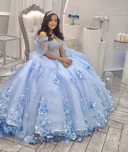 Light Blue Quinceanera Dress Off Shoulder 3D Flowers Beads Puffy Party ...