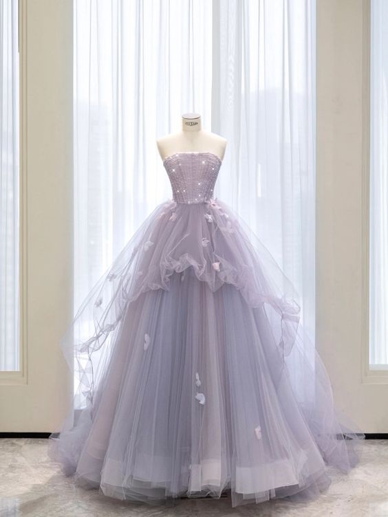 Elegant Purple Tulle Prom Dress, Ball Gown Strapless Formal Party Dress       fg3962