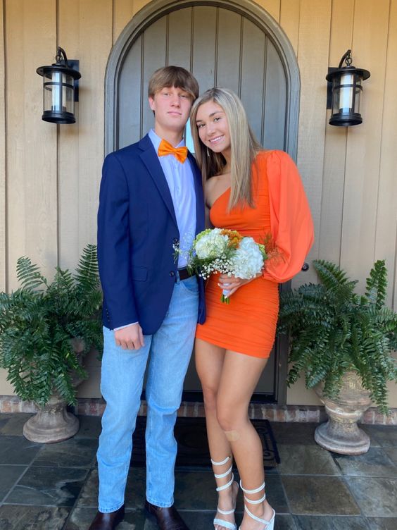 fitted lace wedding dress Orange Homecoming Dress 2022 Horsehair Hem One Shoulder Long Sleeve with Slit 6 / Custom Color main image 0