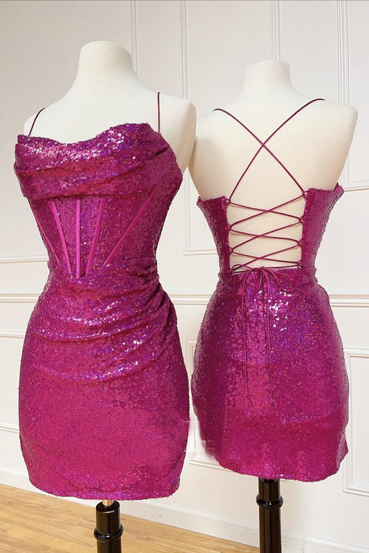 Fuchsia Sequin Cowl Neck Tight Mini Dress homecoming dress      fg3881