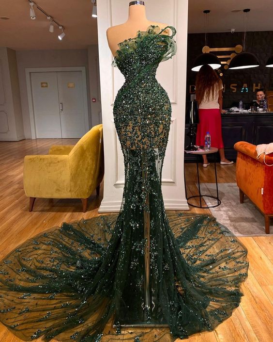 Long Train Strapless Green Party Dresses Arabic Mermaid Formal Evening Gowns For Women      fg4158