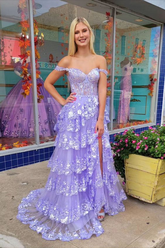 Lilac Lace Sweetheart Tiered Long Prom Dress with Slit     fg4212