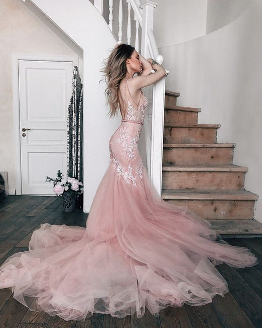 Sheer V-neckline Pink Mermaid Wedding Dress with Tulle Train     fg4090
