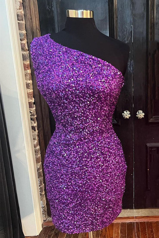 One Shoulder Purple Sequin Bodycon Mini Dress Short Prom Dress    fg3657
