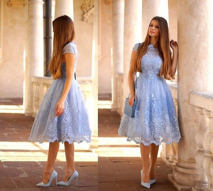 A-Line Blue Lace Tea Length Bridesmaid Dress Homecoming Dress     fg3564