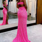 Charming Glitter Mermaid V Neck Hot Pink Sequins Prom Dresses with Slit         fg4298