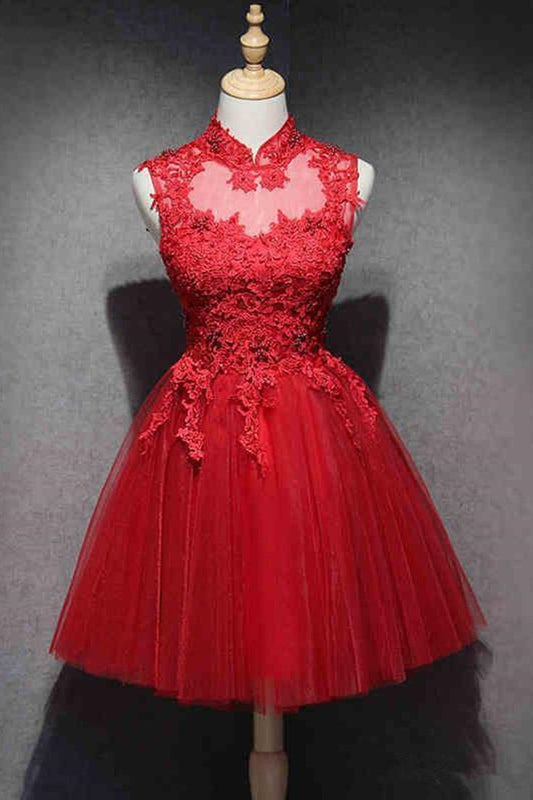High Neck Red Lace Short Prom Dress, Red Lace Homecoming Dress, Red Formal Graduation Evening Dress     fg3826